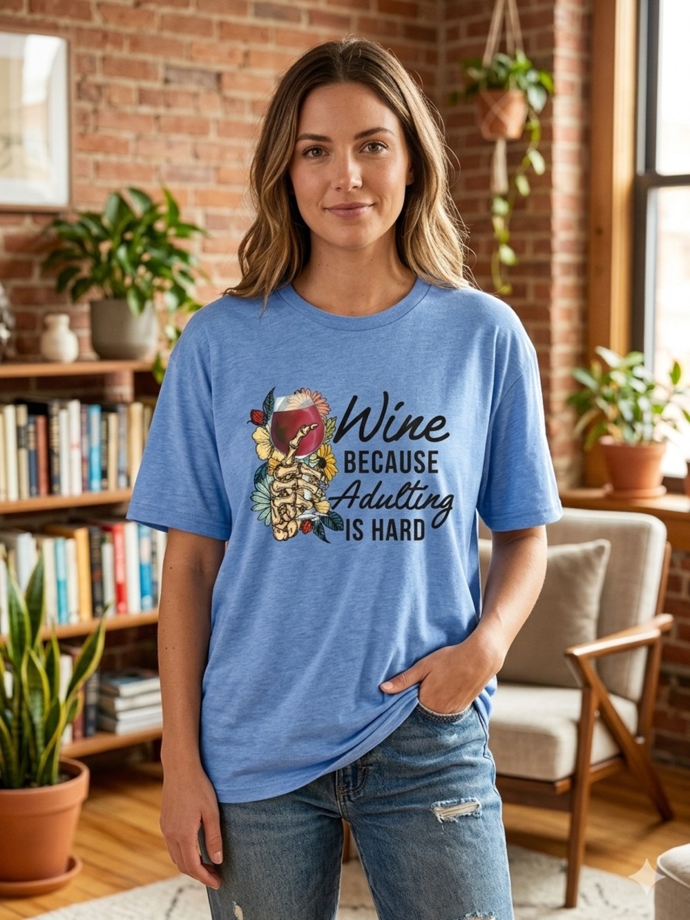 Gildan Light Blue 'Wine Because Adulting Is Hard' Graphic Tee